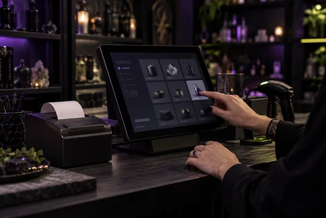 Ilustración de unas manos utilizando un terminal de punto de venta junto a una impresora y un lector