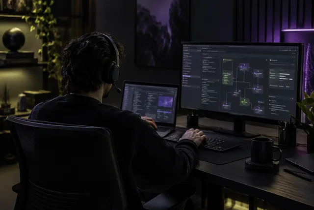 Ilustración de un técnico con auriculares trabajando frente a un portátil y un monitor