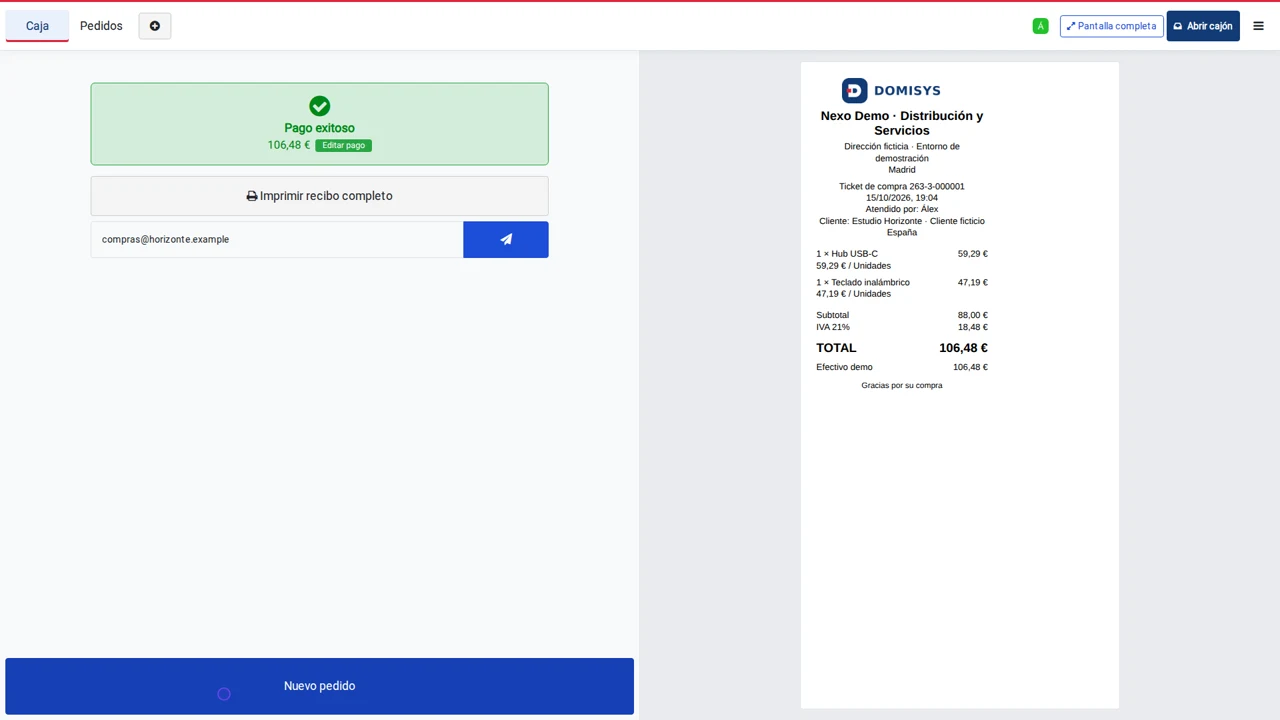 Ticket real de una venta de demostración en Domisys con empresa y cliente ficticios
