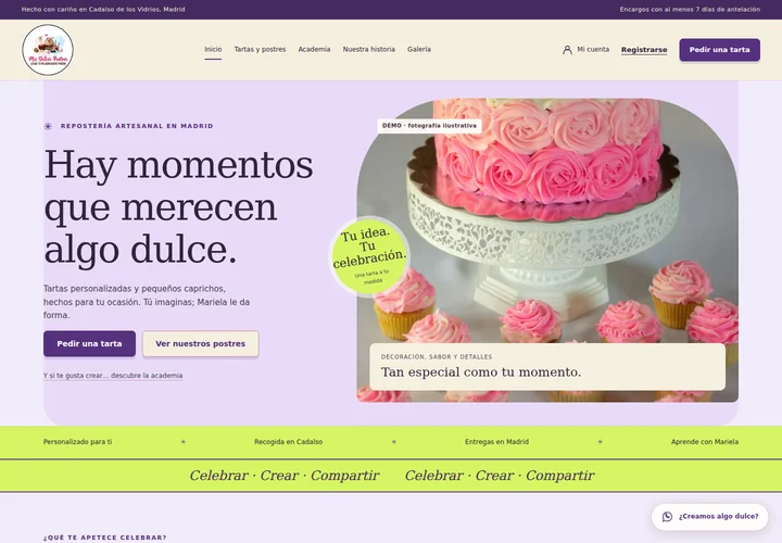 Captura real de la web de Mis Dulces Postres; las fotografías mostradas son ilustrativas