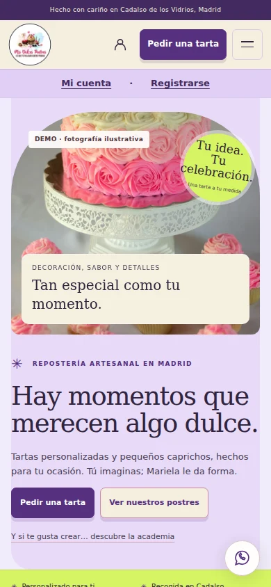 Vista móvil de Mis Dulces Postres, con imágenes identificadas como DEMO